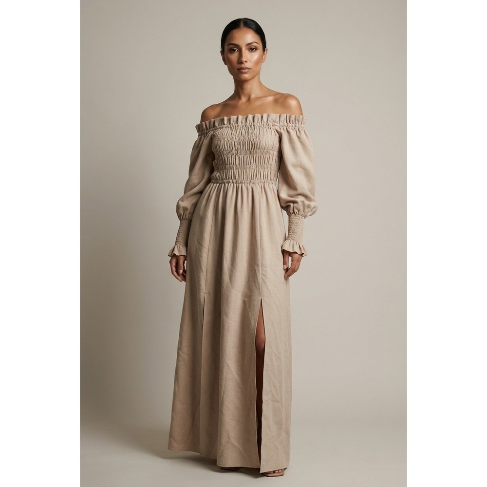 AllSaints Beige Smocked Off-the-Shoulder‎ Maxi Dress US 6 UK 10 Ruffle Slit Boho